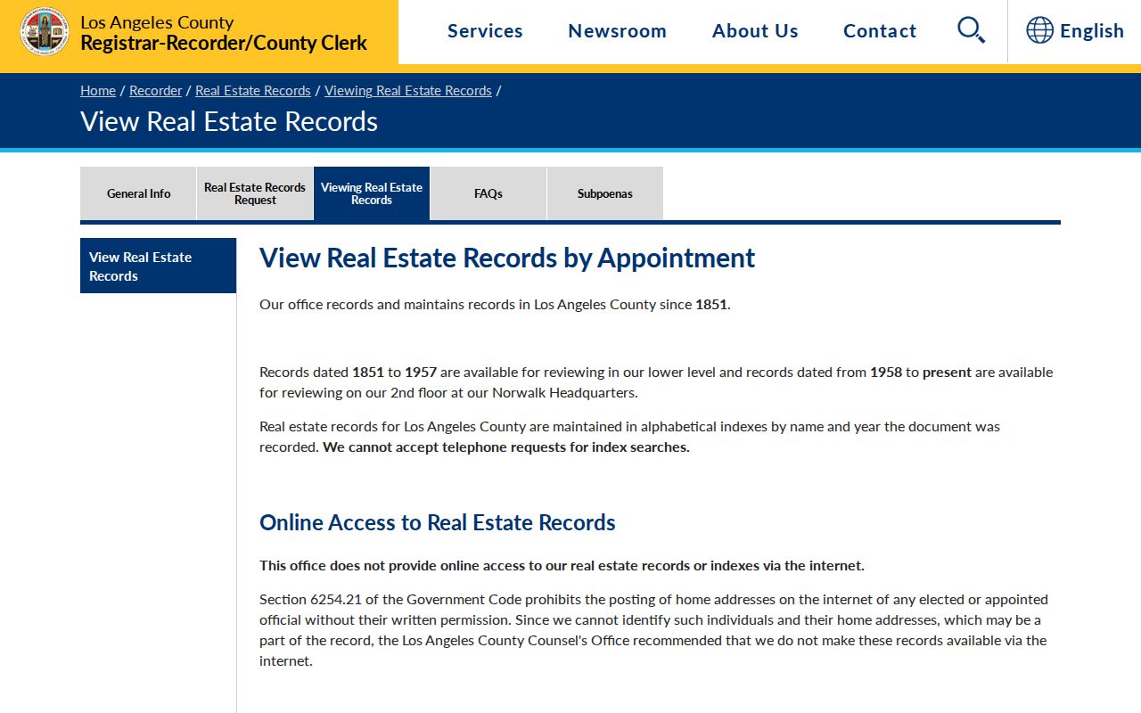 La Mirada public records page for in-person deed indexes