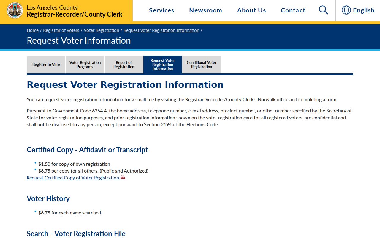 La Mirada voter registration information request fees and procedure