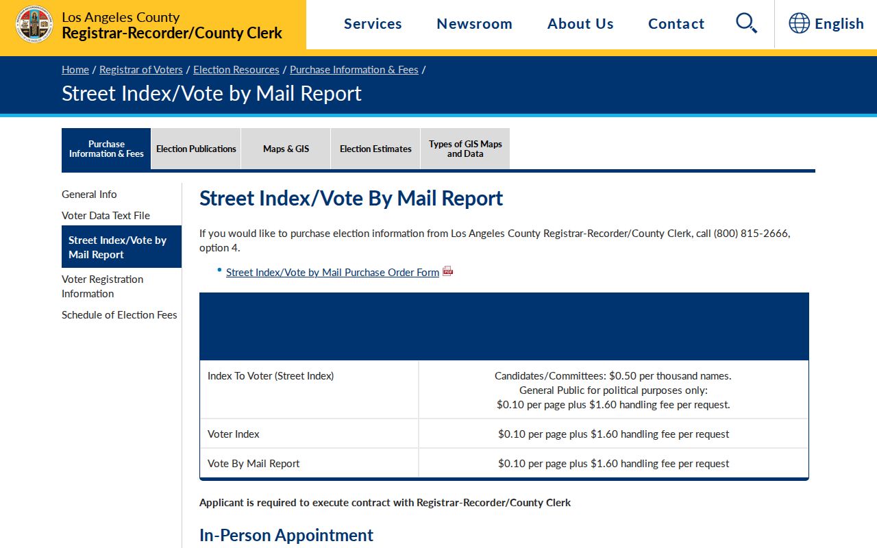 La Mirada voter registration street index and vote by mail report fees